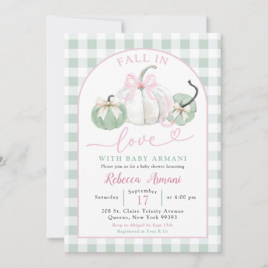 ピンクのセージ緑のカボチャ名門私立校風のの赤ちゃんシャワー 招待状 (正面)