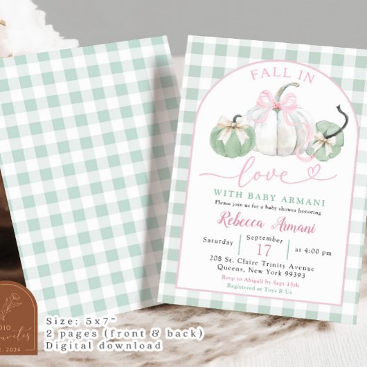 ピンクのセージ緑のカボチャ名門私立校風のの赤ちゃんシャワー 招待状