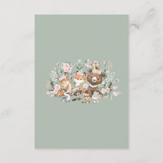 ピンクのセージ緑の森の動物の本ベビー エンクロージャーカード (裏面)