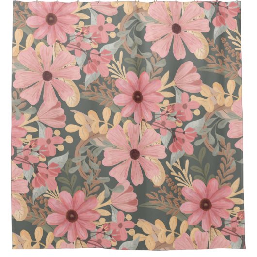 ピンクのセージ緑の花離れ水の色のパターン シャワーカーテン (正面)