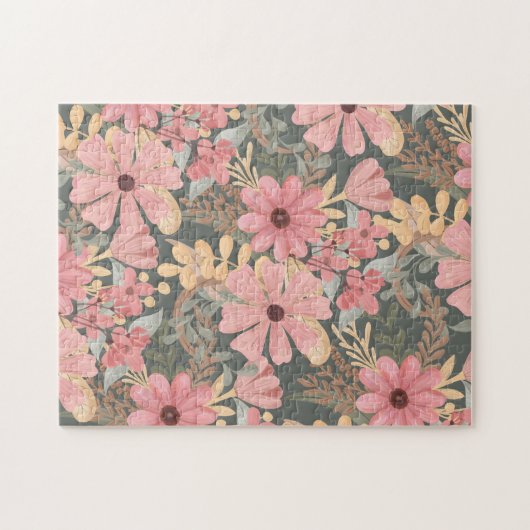 ピンクのセージ緑の花離れ水の色のパターン ジグソーパズル (横)