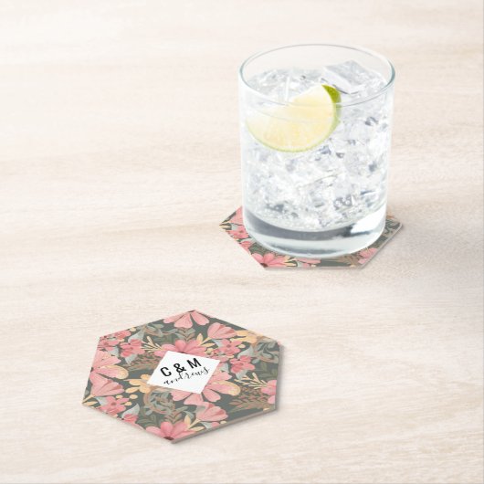 ピンクのセージ緑の花離れ水の色のパターン ペーパーコースター (インサイチュ)