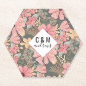 ピンクのセージ緑の花離れ水の色のパターン ペーパーコースター (正面)