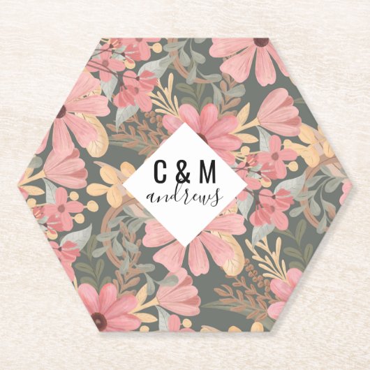 ピンクのセージ緑の花離れ水の色のパターン ペーパーコースター (正面)