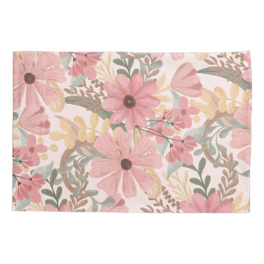 ピンクのセージ緑の葉フローラ水彩パターン 枕カバー (裏面)