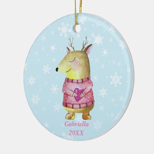 ピンクのセーターを着た愛らしいクリスマストナカイ セラミックオーナメント (左)