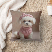 ピンクのセーター&帽子の可愛い白い子犬 クッション (ブランケット)