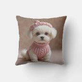 ピンクのセーター&帽子の可愛い白い子犬 クッション (裏面)