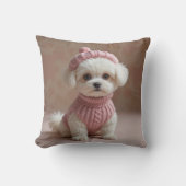 ピンクのセーター&帽子の可愛い白い子犬 クッション (正面)