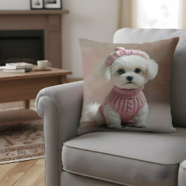 ピンクのセーター&帽子の可愛い白い子犬 クッション