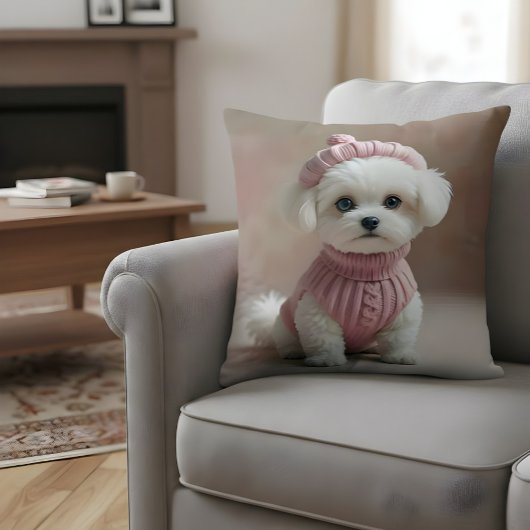 ピンクのセーター&帽子の可愛い白い子犬 クッション