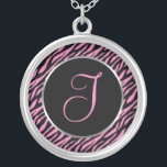 ピンクのゼブラファンシー活字I シルバープレートネックレス<br><div class="desc">Script letter I in pink on a black and pink zebra print background.</div>