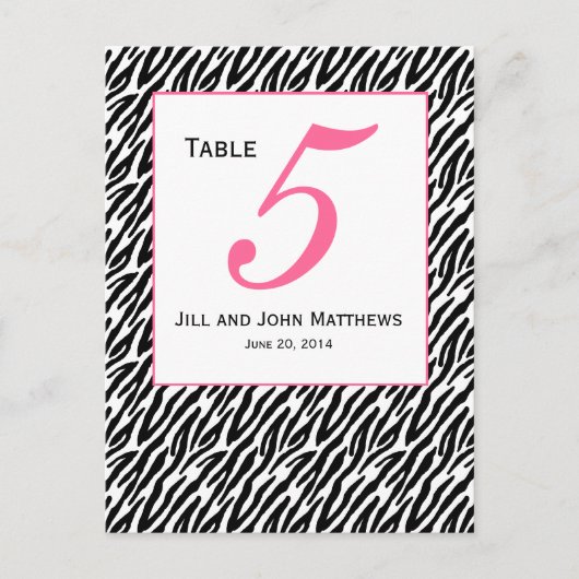 ピンクのゼブラ柄 ウェディングテーブルナンバーカード ポストカード (正面)