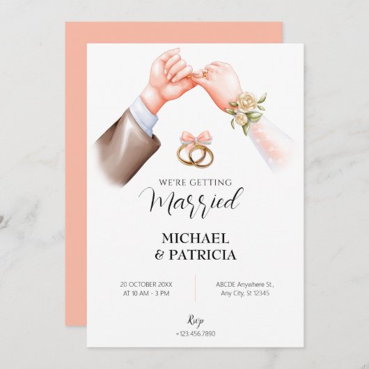 ピンクのソフトカップルのリング結婚式招待状 招待状 (正面/裏面)