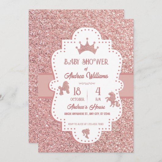 ピンクのソフトプリンセスグリッター輝く赤ちゃんシャワー 招待状 (正面/裏面)