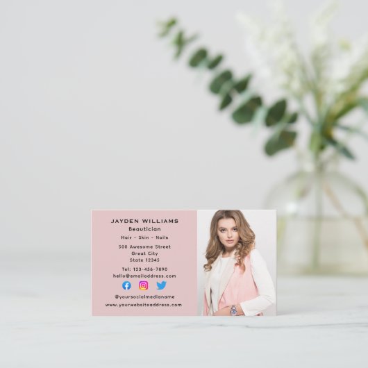 ピンクのソーシャルメディア美容師美容師写真 名刺 (スタンド正面)