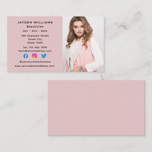 ピンクのソーシャルメディア美容師美容師写真 名刺 (正面/裏面)