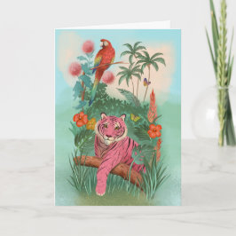 ピンクのタイガーとオウムの熱帯ジャングル空白の カード