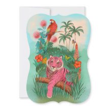 ピンクのタイガーとオウムの熱帯ジャングル空白の