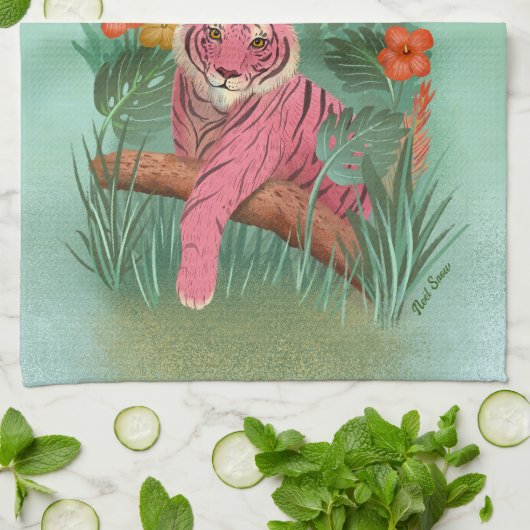 ピンクのタイガーとオウムの熱帯ジャングル キッチンタオル (折り畳み)