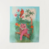 ピンクのタイガーとオウムの熱帯ジャングル タペストリー (正面)