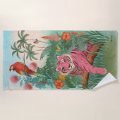 ピンクのタイガーとオウムの熱帯ジャングル ビーチタオル (正面)