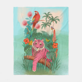 ピンクのタイガーとオウムの熱帯ジャングル フリースブランケット