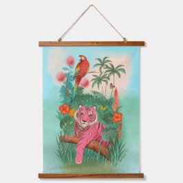 ピンクのタイガーとオウムの熱帯ジャングル 吊り下げ型タペストリー