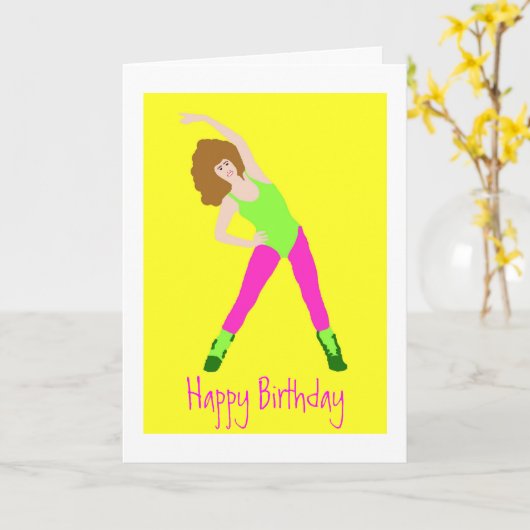 ピンクのタイツと緑のレオタールと80年代の誕生日 カード (黄色い花)