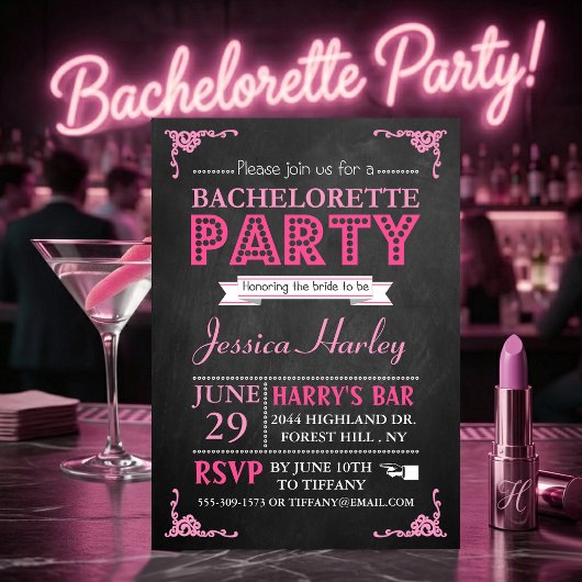 ピンクのタイポグラフィー黒板独身最後の女友達パーティー 招待状