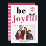 ピンクのタイポグラフィBe Joyful, Santa Christmasの写真 シーズンカード<br><div class="desc">このクリスマスフォトホリデーカードは、愛する人に喜びと応援を広めるのに最適である。「Be Joyful」とはっきりしたいうグラデーションのピンク色のタイポグラフィ、ピンクの円の枠の写真、ピンクの衣装の可愛いサンタクロースが特徴。カードの背面には、vivaマゼンダストライプンからピンクに変わるグラデーションのピンク色のフェスティバルとおもしろいの外観を作成する。このカードを使って、友達や家族にクリスマスの楽しみを祈ることができる。</div>