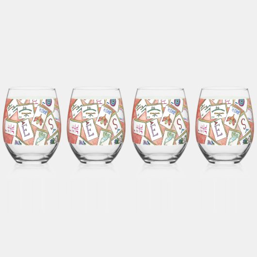 ピンクのタイルのトレー ステムなしワイングラス (正面)