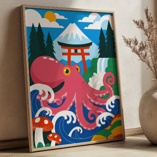 ピンクのタコと富士山・鳥居の日本風デザイン ポスター