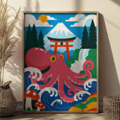 ピンクのタコと富士山・鳥居の日本風デザイン ポスター