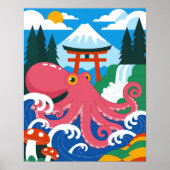 ピンクのタコと富士山・鳥居の日本風デザイン ポスター (正面)