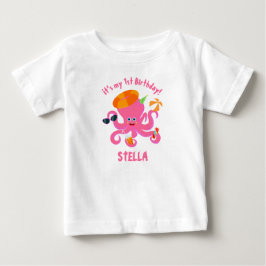 ピンクのタコの夏の赤ちゃん女の子の誕生日パーティー ベビーTシャツ