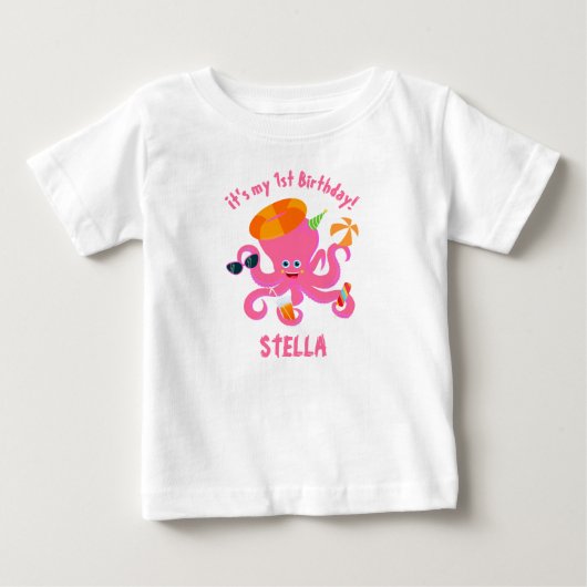 ピンクのタコの夏の赤ちゃん女の子の誕生日パーティー ベビーTシャツ (正面)