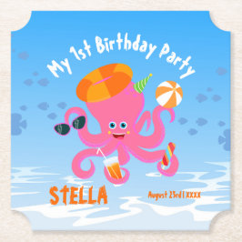 ピンクのタコの夏の赤ちゃん女の子の誕生日パーティー ペーパーコースター