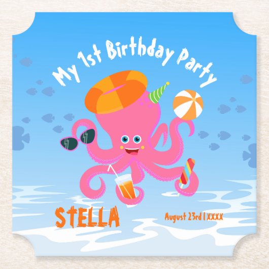 ピンクのタコの夏の赤ちゃん女の子の誕生日パーティー ペーパーコースター (正面)