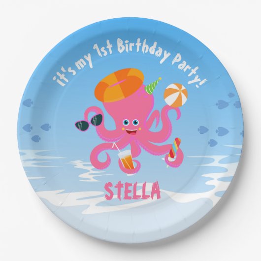ピンクのタコの夏の赤ちゃん女の子の誕生日パーティー ペーパープレート (正面)