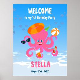 ピンクのタコの夏の赤ちゃん女の子の誕生日パーティー ポスター