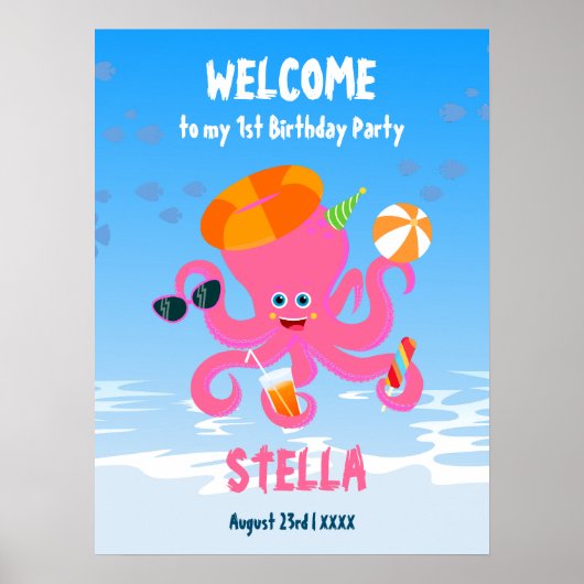 ピンクのタコの夏の赤ちゃん女の子の誕生日パーティー ポスター (正面)