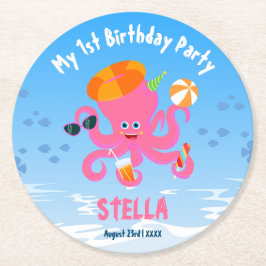 ピンクのタコの夏の赤ちゃん女の子の誕生日パーティー ラウンドペーパーコースター