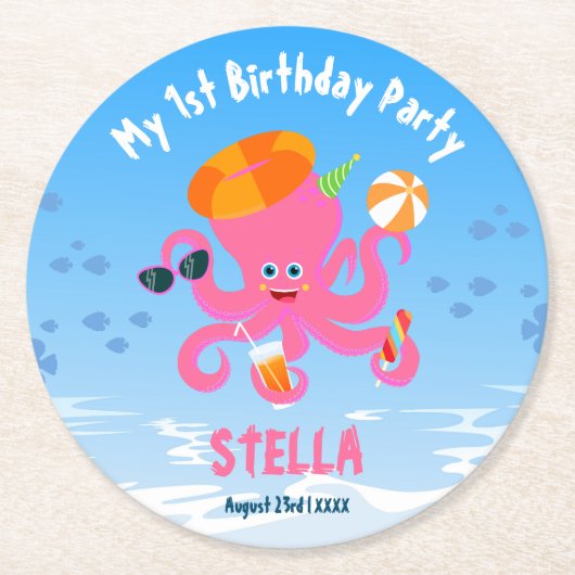 ピンクのタコの夏の赤ちゃん女の子の誕生日パーティー ラウンドペーパーコースター (正面)