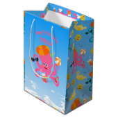 ピンクのタコ夏のベビーガールバースデーパーティー ミディアムペーパーバッグ (裏面アングル)