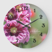 ピンクのタチアオイの花の写真 ラージ壁時計 (正面)