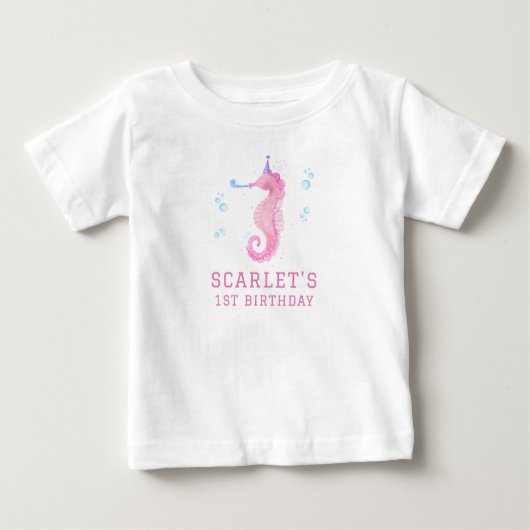 ピンクのタツノオトシゴの1歳の誕生日 ベビーTシャツ (正面)