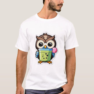 ピンクのタピオカ入りの緑色のタピオカティーを握る漫画フクロウB Tシャツ