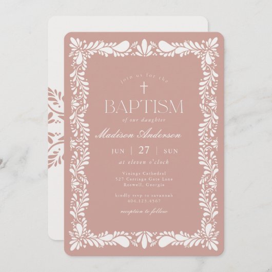 ピンクのタラベラタイル スペイン風フィエスタ 洗礼 招待状 (正面/裏面)