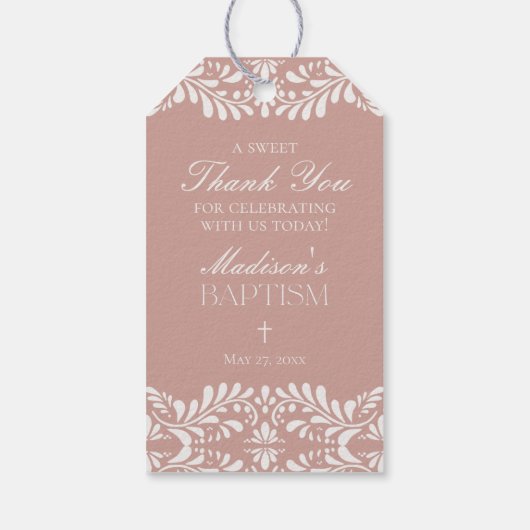 ピンクのタラベラ・タイル スペイン風フィエスタ 洗礼記念品 ギフトタグ (裏面)